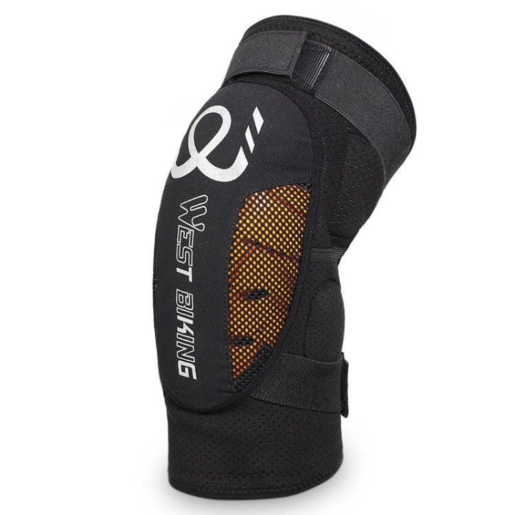 Black sports knee pad with orange mesh side panel and top hook-and-loop strap.
