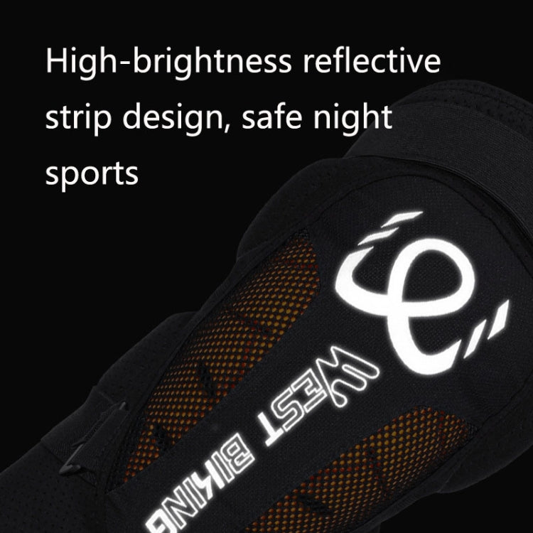 Close-up black sports knee pad with orange mesh panel and reflective stripe logo.