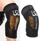 Pair of black sports knee pads with orange mesh panel and adjustable wrap straps.