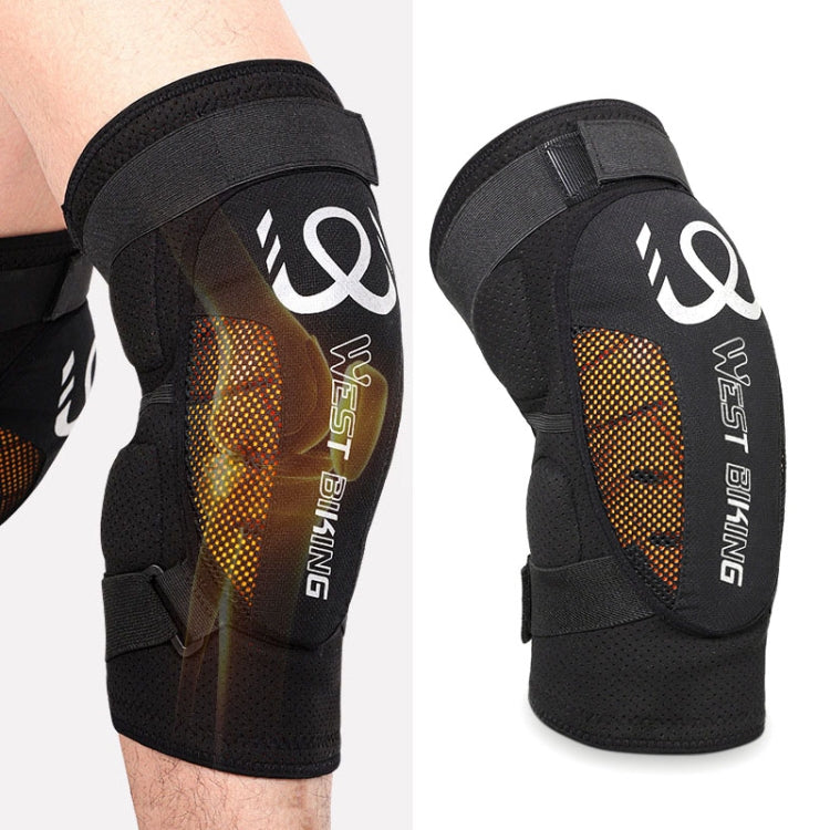 Pair of black sports knee pads with orange mesh panel and adjustable wrap straps.