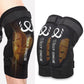 Pair of black sports knee pads showing front cushioning and side hook straps.
