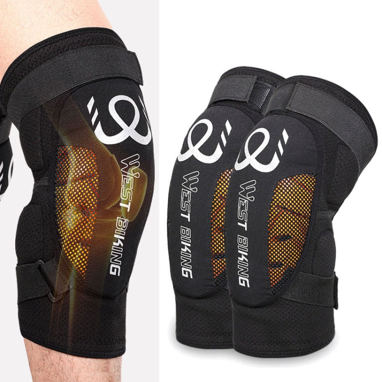 Pair of black sports knee pads showing front cushioning and side hook straps.