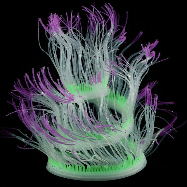 Fluorescent aquarium anemone decoration with purple-tipped tentacles and glowing green base