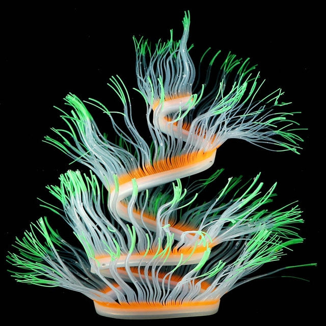 Fluorescent aquarium anemone decoration with green glowing tips and orange strip along center