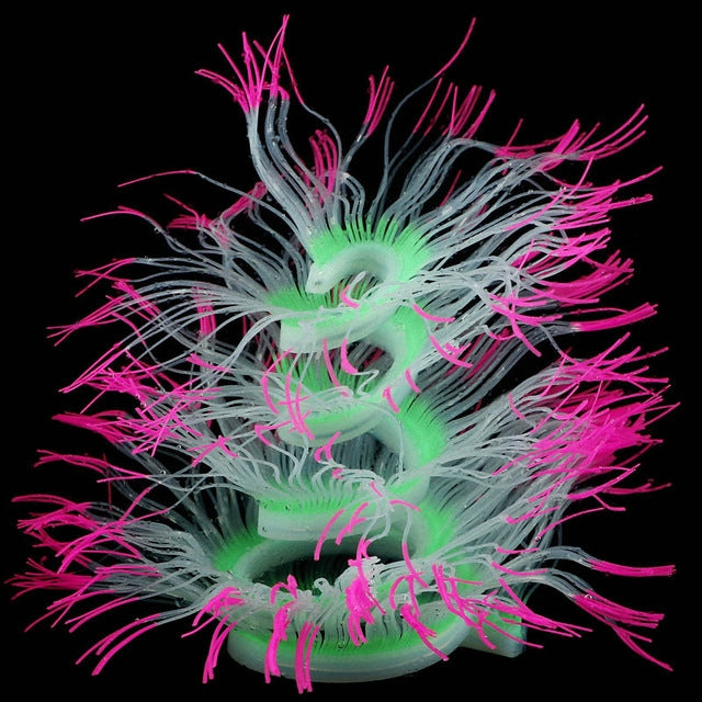 Fluorescent aquarium anemone decoration with pink outer tips and neon green center
