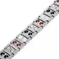 Close-up of silver magnetic bracelet links with red and white circular magnet insets