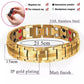 Gold-tone magnetic therapy bracelet with double-row linked plates and red and white insets