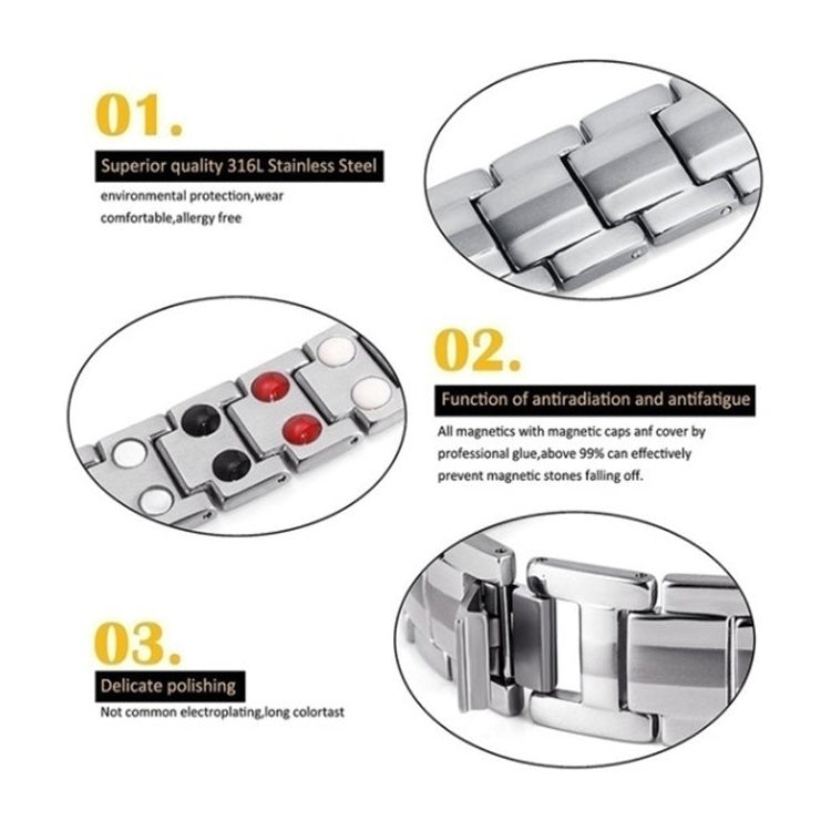 Silver magnetic bracelet close-ups with linked metal bars and small circular magnet insets