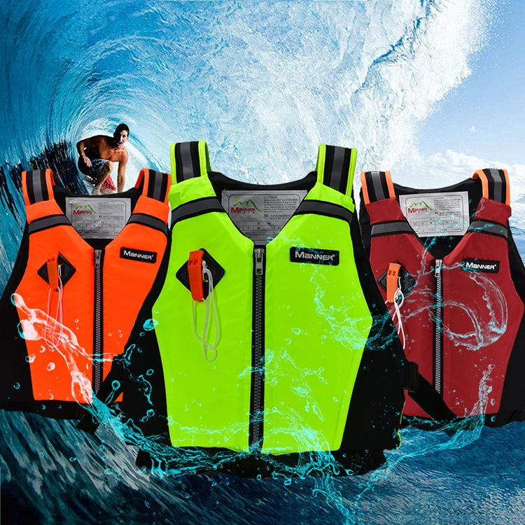Assorted color buoyancy vests with front zippers and adjustable shoulder straps.
