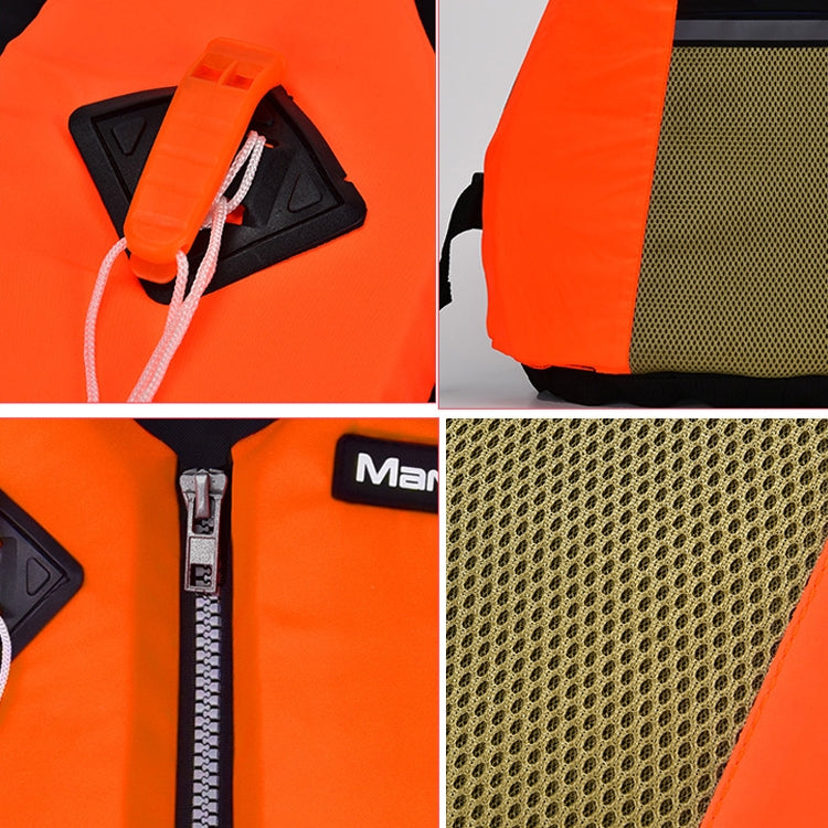 Orange buoyancy vest detail: front zipper, safety pocket, and textured mesh panel.