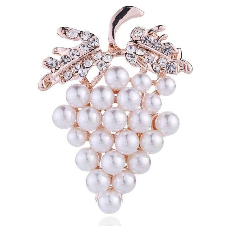 Grape-shaped brooch with faux white pearls and rhinestone sparkle, rose-gold tone