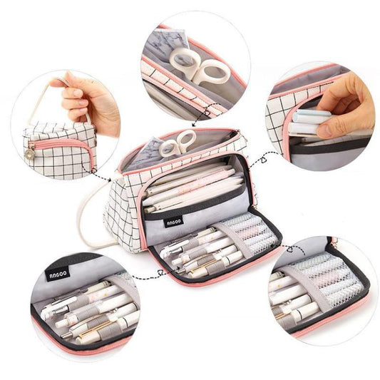 Canvas pencil case with zipper open and closed; white grid pattern with pink trim