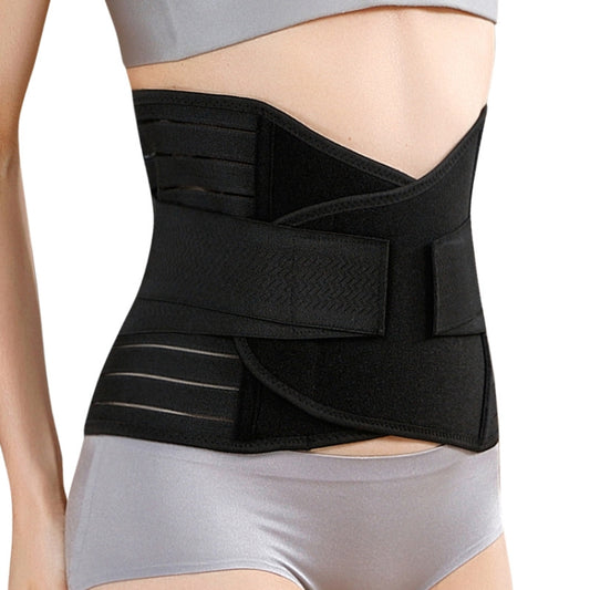 Black postpartum abdomen support belt with wide band and front hook-and-loop panels