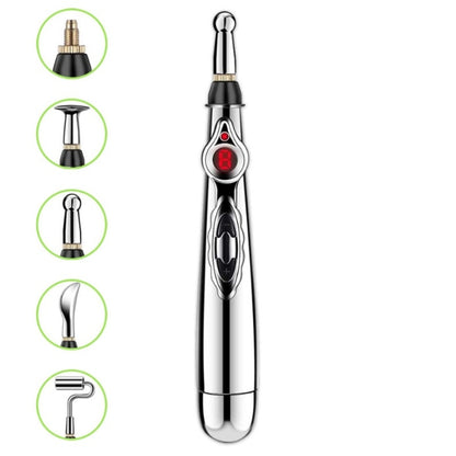 Electronic acupuncture pen with metallic silver body and black control section, display window