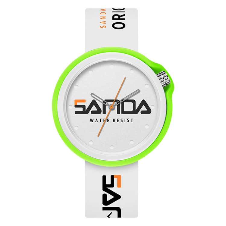 SANDA sports quartz watch with green silicone bezel and white strap