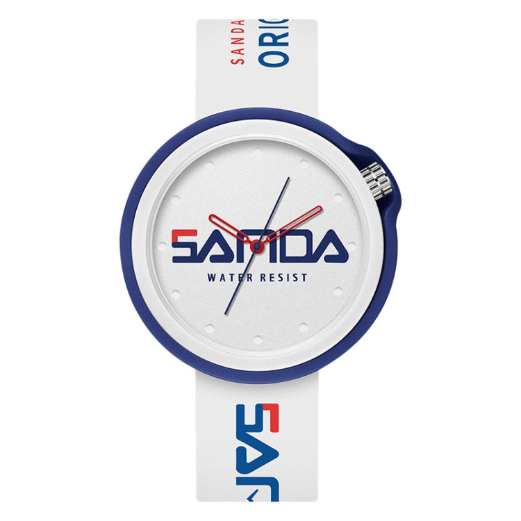 SANDA sports quartz watch with blue silicone bezel and white strap