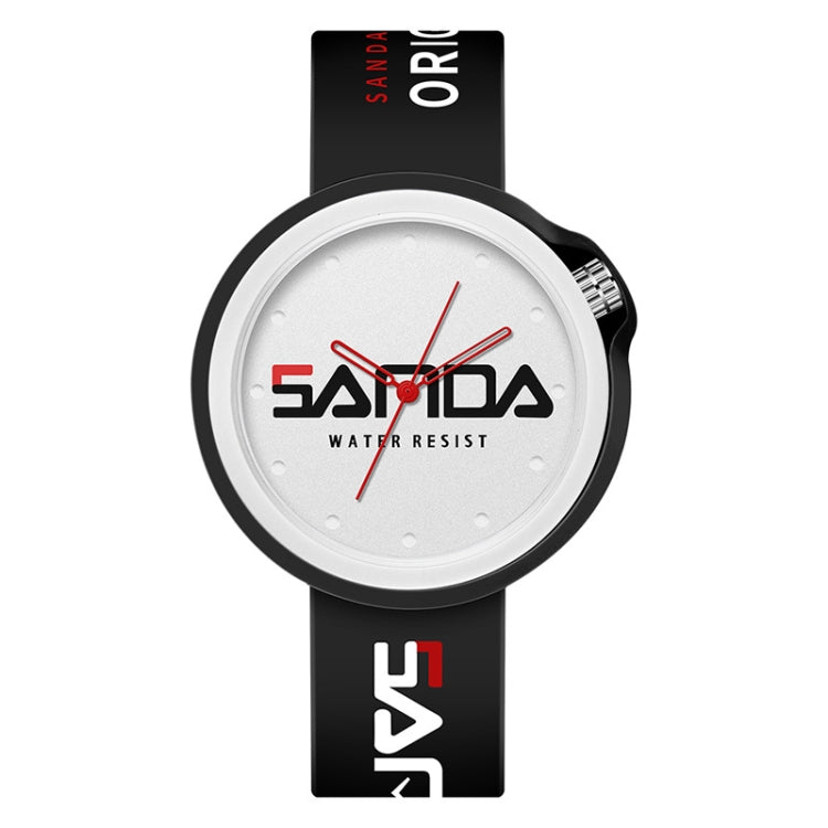 SANDA sports quartz watch with black silicone bezel and black strap, red accents