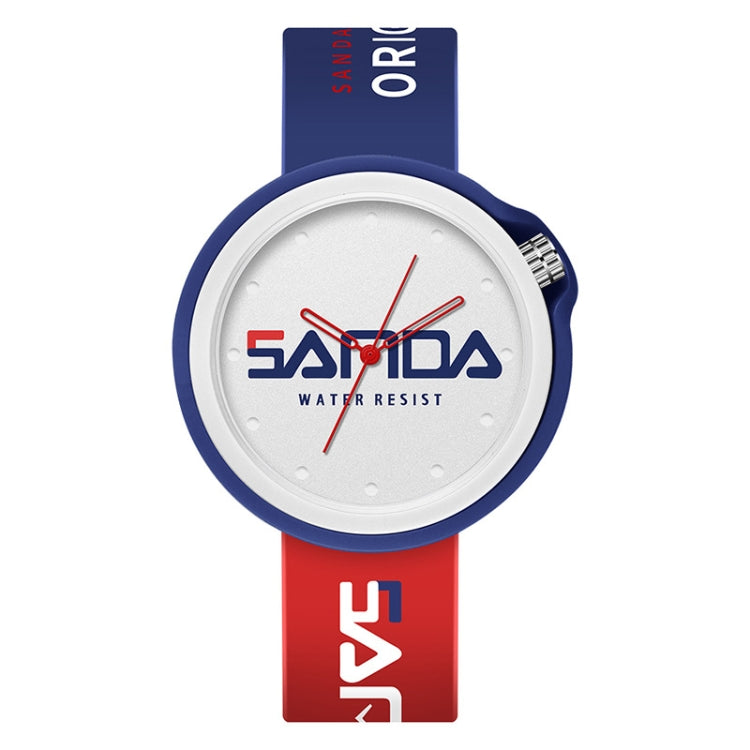 SANDA sports quartz watch with blue silicone bezel and red silicone strap