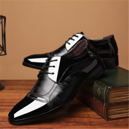 Men's black leather lace-up oxford shoes with contrast white tongue and chunky heel