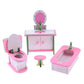 Miniature wooden bathroom furniture set: sink vanity, toilet, bathtub, and small stool