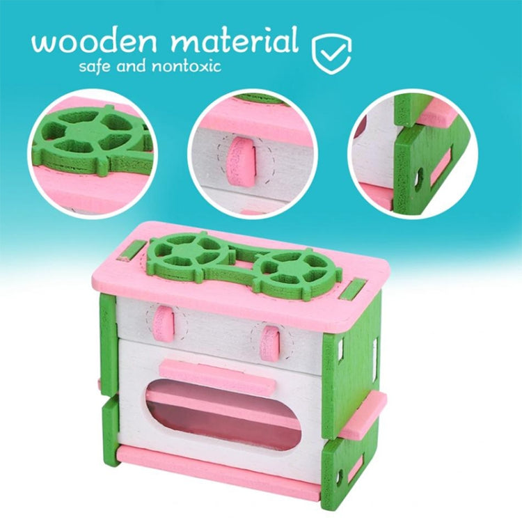 Miniature wooden kitchen furniture with countertop, sink opening, and stove detail