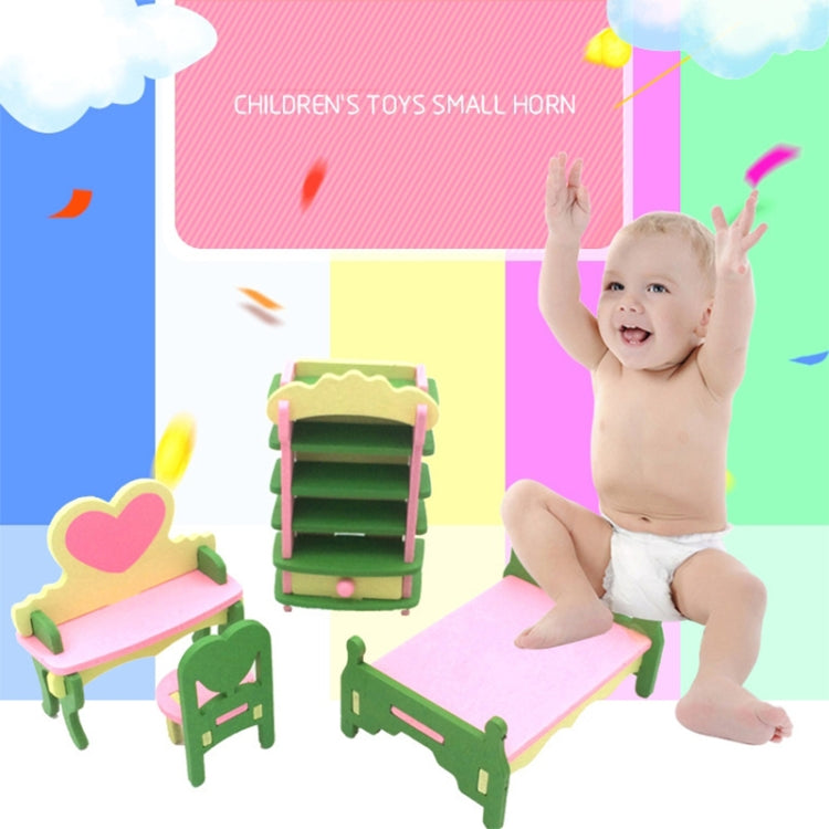 Miniature wooden furniture set with chairs, table, and bathtub for dollhouse play