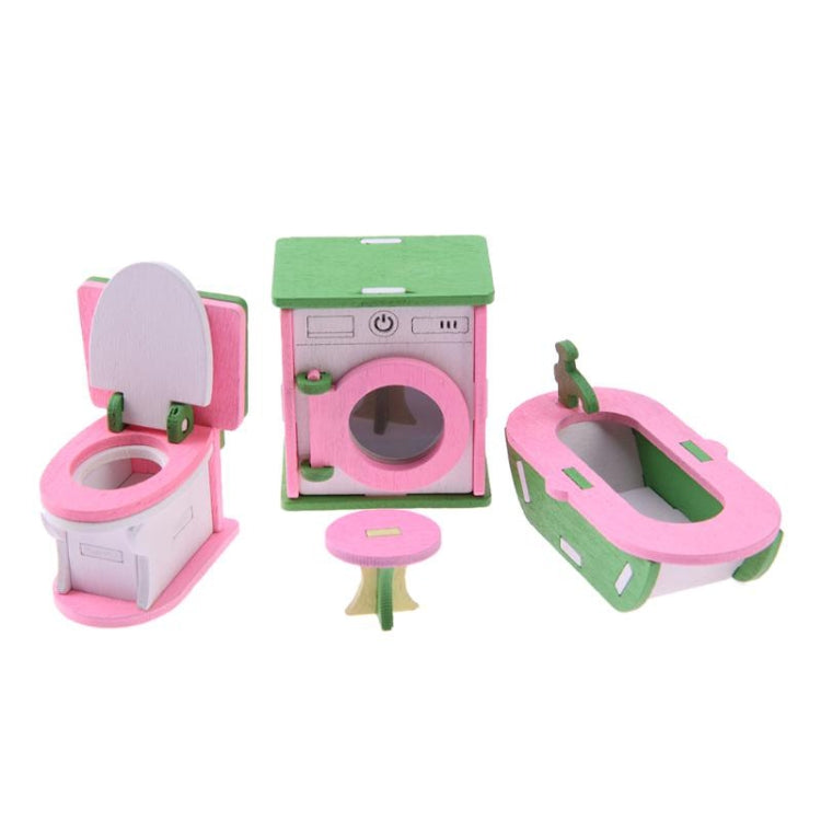 Miniature wooden home appliances and bathroom pieces with washing-machine style unit