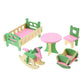 Miniature wooden bedroom and playroom furniture: bed, table, rocking chair, and swing seat