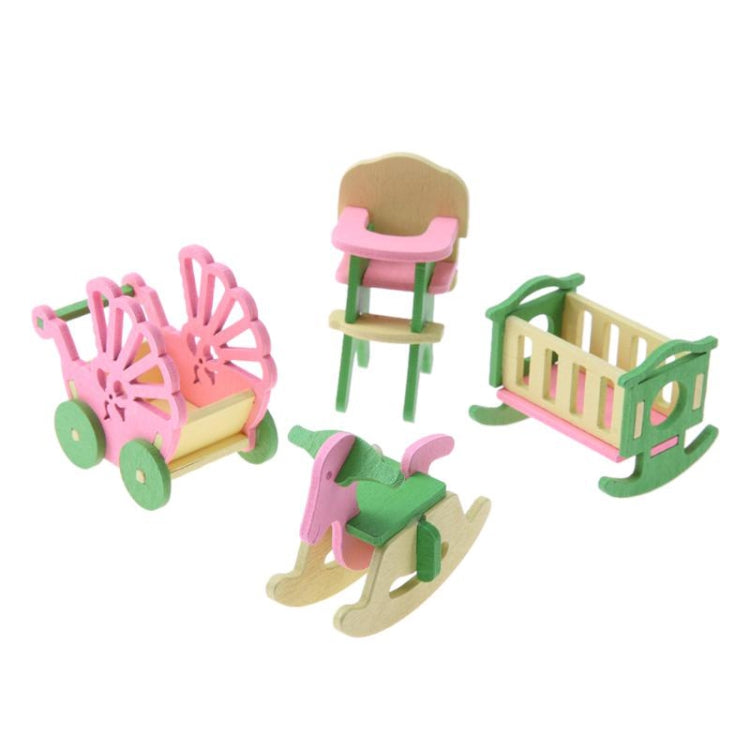 Miniature wooden rocking-horse and dollhouse furniture set with chair and cradle bed