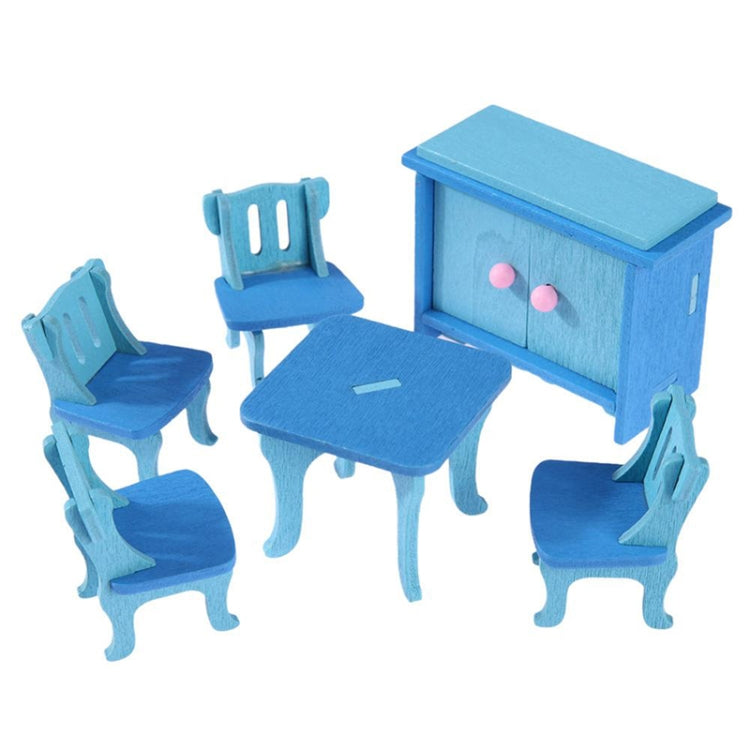 Miniature wooden dining furniture set in blue with table, sideboard, and chairs