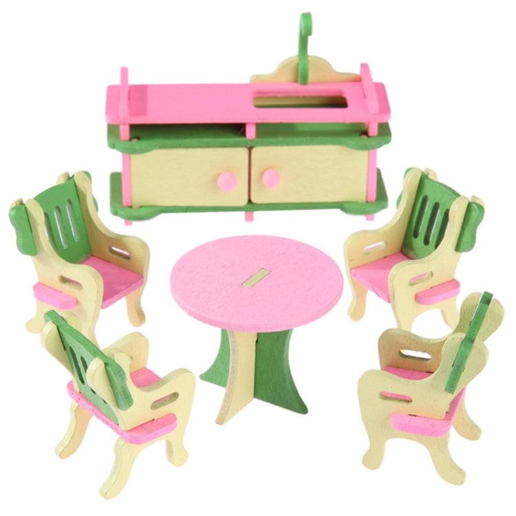 Mini wooden dollhouse furniture set with table, benches, chairs and pink accents