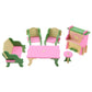 Mini wooden dollhouse furniture set with pink sofa, round table, chairs and side cabinet