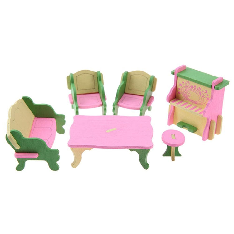 Mini wooden dollhouse furniture set with pink sofa, round table, chairs and side cabinet
