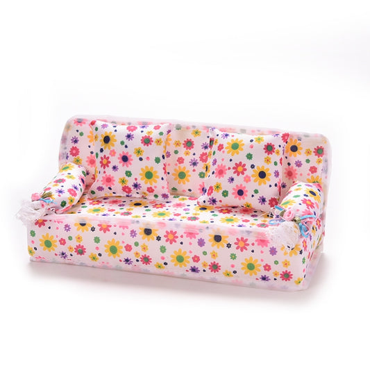 Mini Furniture Flower Sofa 20cm Couch +2 Cushions for Doll House Accessories, Doll House Accessories(Cloth sofa)