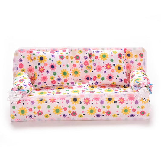 Mini Furniture Flower Sofa 20cm Couch +2 Cushions for Doll House Accessories, Doll House Accessories(Cloth sofa)