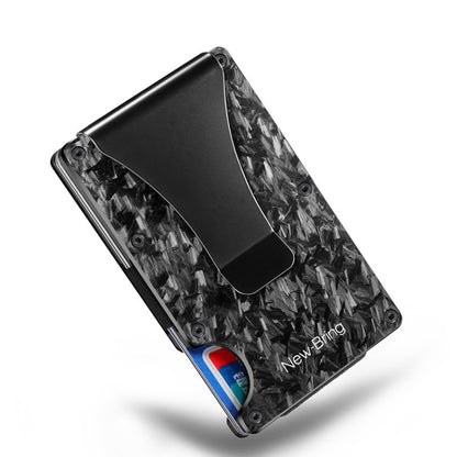 Black ultra-thin metal card holder with textured finish and front card pocket