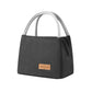 Dark gray insulated lunch tote bag with top handles, front logo patch, and side zipper pocket
