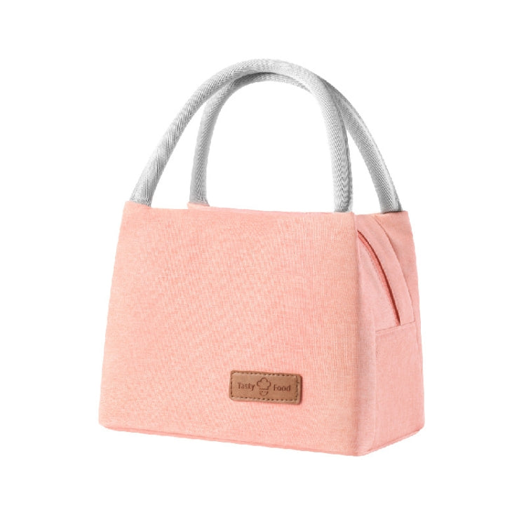 Light pink insulated lunch tote bag with top handles and front logo patch
