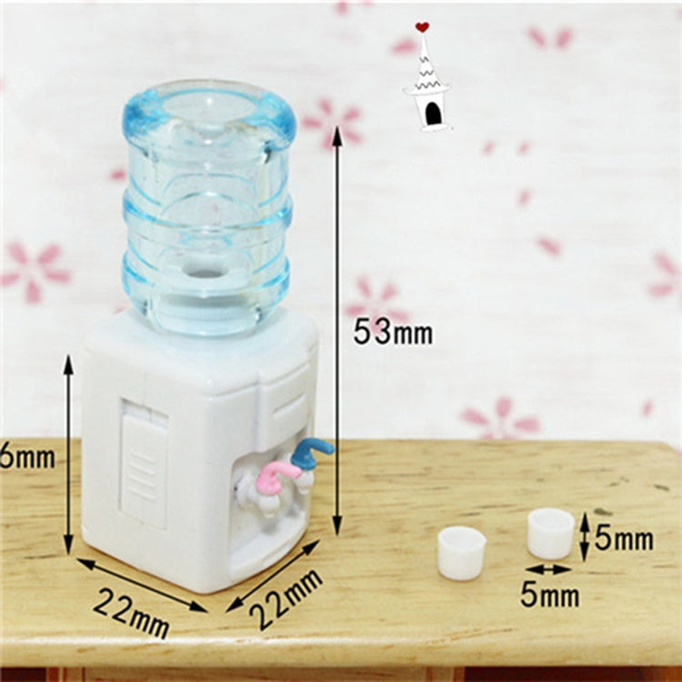 Miniature water dispenser with blue reservoir, white base, two taps and two small cups