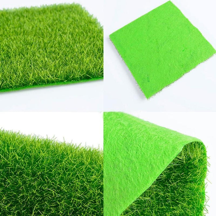 Green artificial turf squares with rolled edge detail, compact faux moss texture
