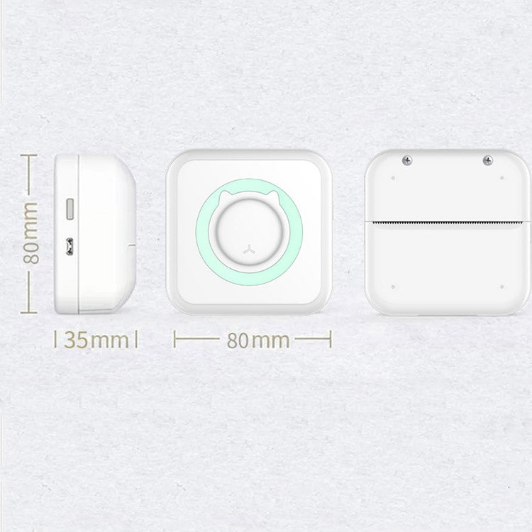 Pocket thermal printer, white body with mint green ring; side, front views with size marks
