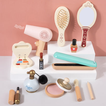 Children's pretend makeup wooden cosmetic set with mirror, brush, compact, bottles, and tubes