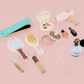 Children's pretend makeup wooden set with teal curling iron, brush, compact, and perfume bottle