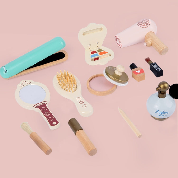 Children's pretend makeup wooden set with teal curling iron, brush, compact, and perfume bottle