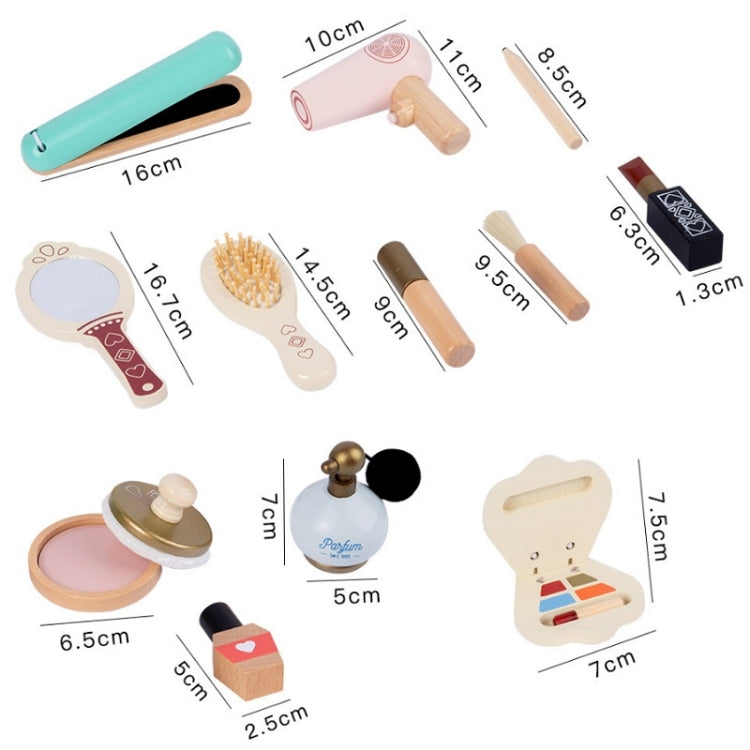Wooden pretend makeup set pieces: mirror, brush, powder compact, curling iron, and bottles