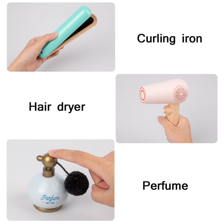 Pretend hair tools and perfume set with teal curling iron, hair dryer, and perfume bottle