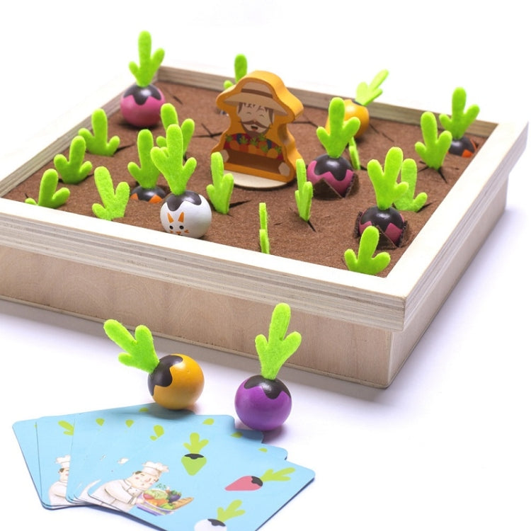 Wooden memory chess board with brown felt, green carrot pieces, and character tiles