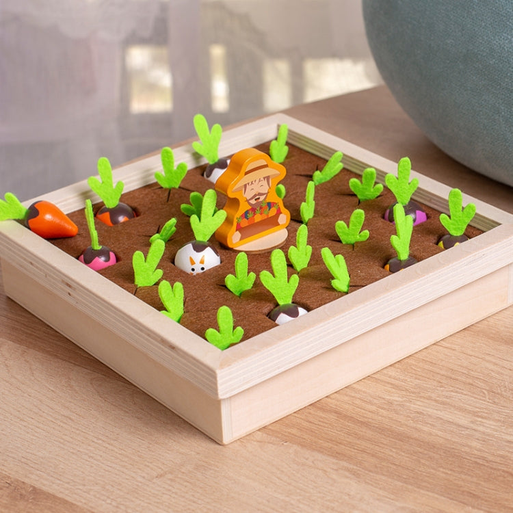 Wooden memory chess board with colorful carrot pawns and central character cutout