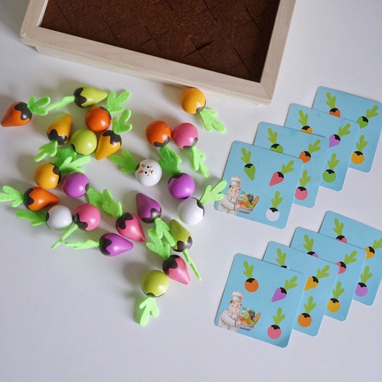 Carrot memory chess set with scattered colored carrot pawns and memory picture cards