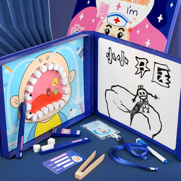 Children's wooden dentist role-play suit kit open with dental chart board and tools